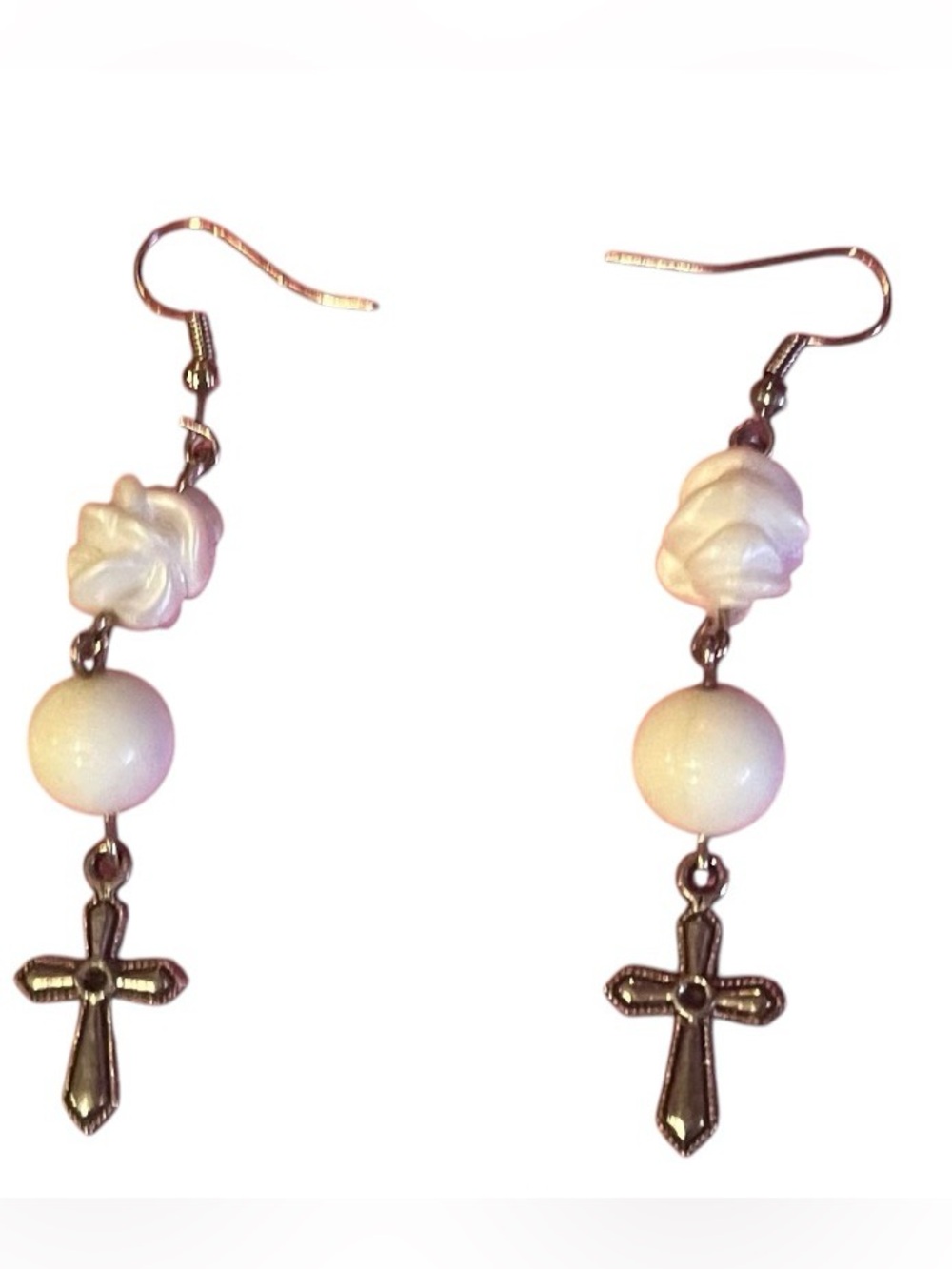 NNW White Bead and Cross Drop Earrings - Women's Jewelry